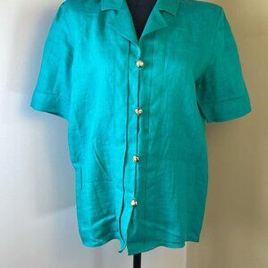 Vintage Valentino Women's SZ44 GREEN Flax button up blouse 90s Costumer Designer